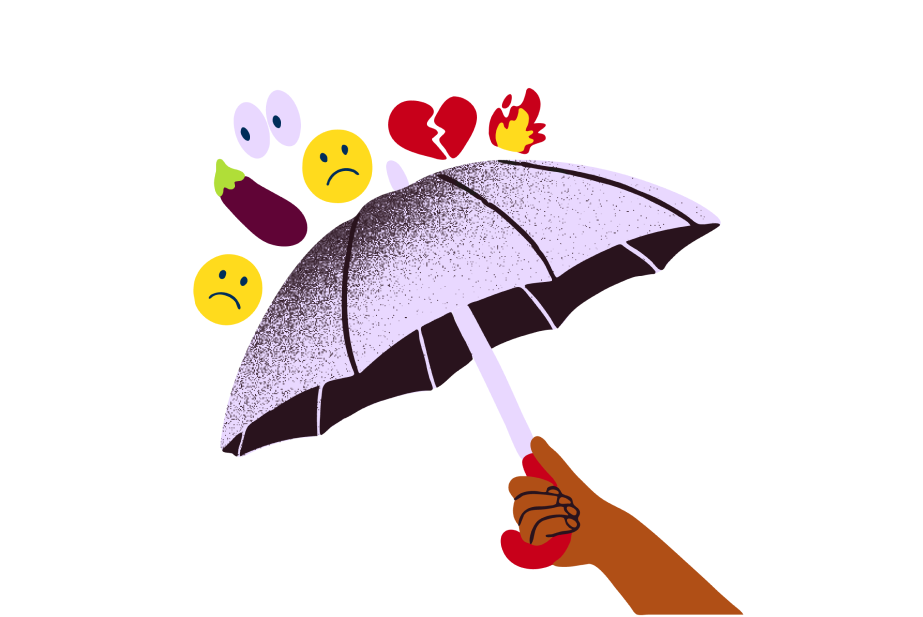 Illustration av ett paraply som hålls upp för att skydda mot negativa emojis