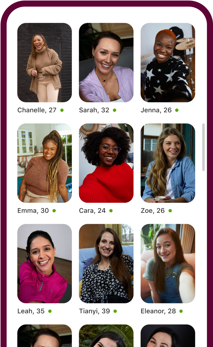 Badoo 앱 화면에 다양한 여성 프로필이 그리드 방식으로 표시되어 있습니다